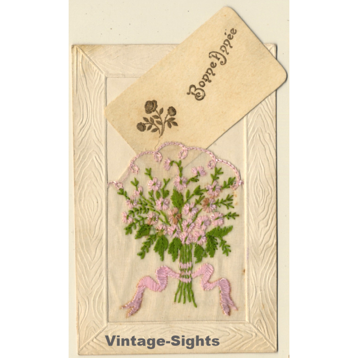 Bonne Année: Flower Wreath / New Year (Vintage Embroidered Gimmick PC ~1910s)