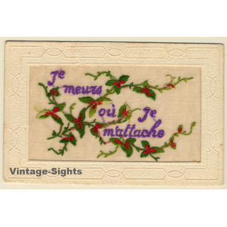 Je Meurs Ou Je M'Attache: Flower Wreath (Vintage Embroidered PC ~1910s)