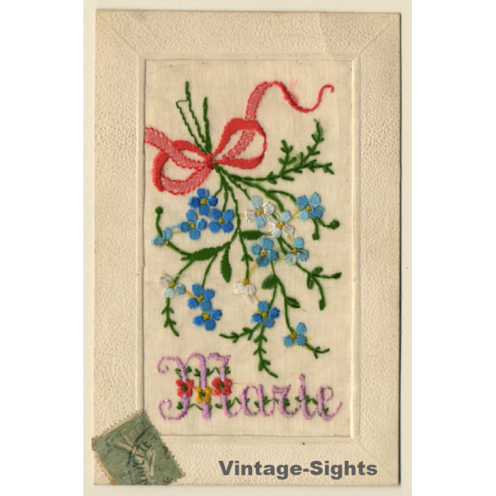 Marie: Flower - Forget-Me-Not - Bow (Vintage Embroidered PC ~1910s)