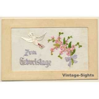 Zum Geburtstage: Flower Wreath - Bow - Bird (Vintage Embroidered PC 1920)