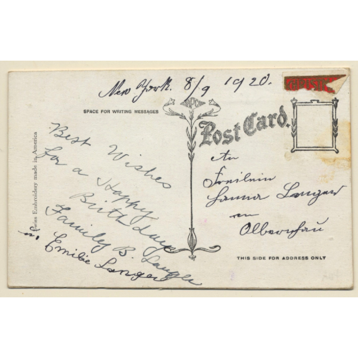 Zum Geburtstage: Flower Wreath - Bow - Bird (Vintage Embroidered PC 1920)