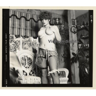Erotic Study: Racy Busty Semi Nude Pin-up In Garden House*3 / Standing (Vintage Contact Sheet Photo 1970s/1980s)