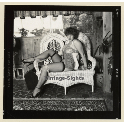Erotic Study: Racy Busty Semi Nude Pin-up In Garden House*5 / Negligee (Vintage Contact Sheet Photo 1970s/1980s)