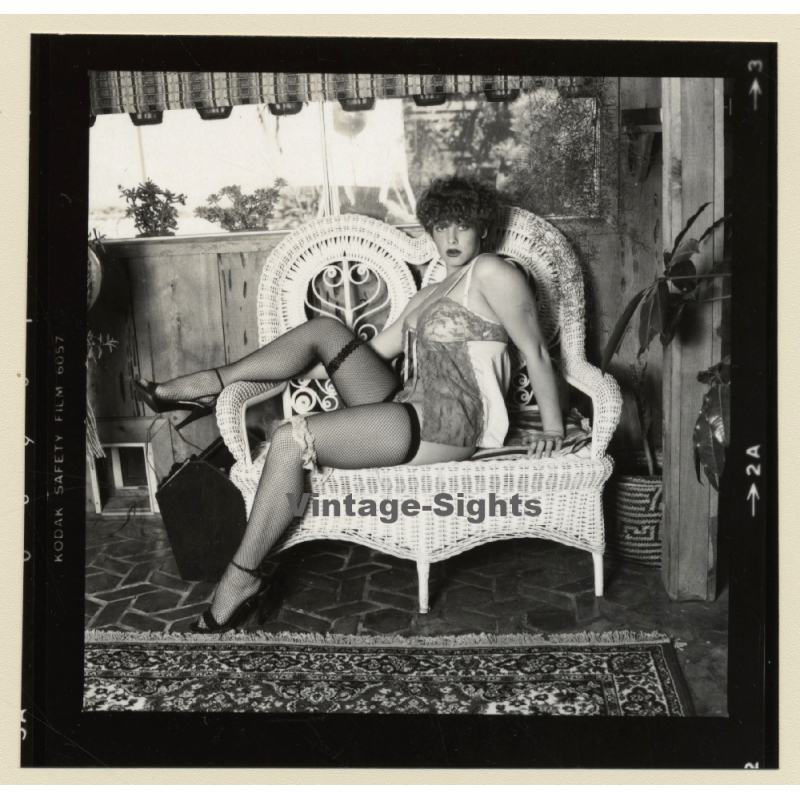 Erotic Study: Racy Busty Semi Nude Pin-up In Garden House*5 / Negligee (Vintage Contact Sheet Photo 1970s/1980s)