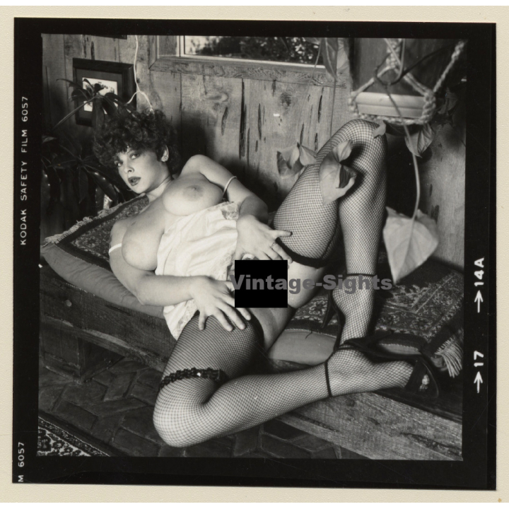 Erotic Study: Racy Busty Semi Nude Pin-up In Garden House*28 / Negligee (Vintage Contact Sheet Photo 1970s/1980s)