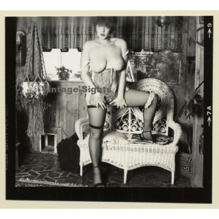 Erotic Study: Racy Busty Semi Nude Pin-up In Garden House*36 / Garter (Vintage Contact Sheet Photo 1970s/1980s)