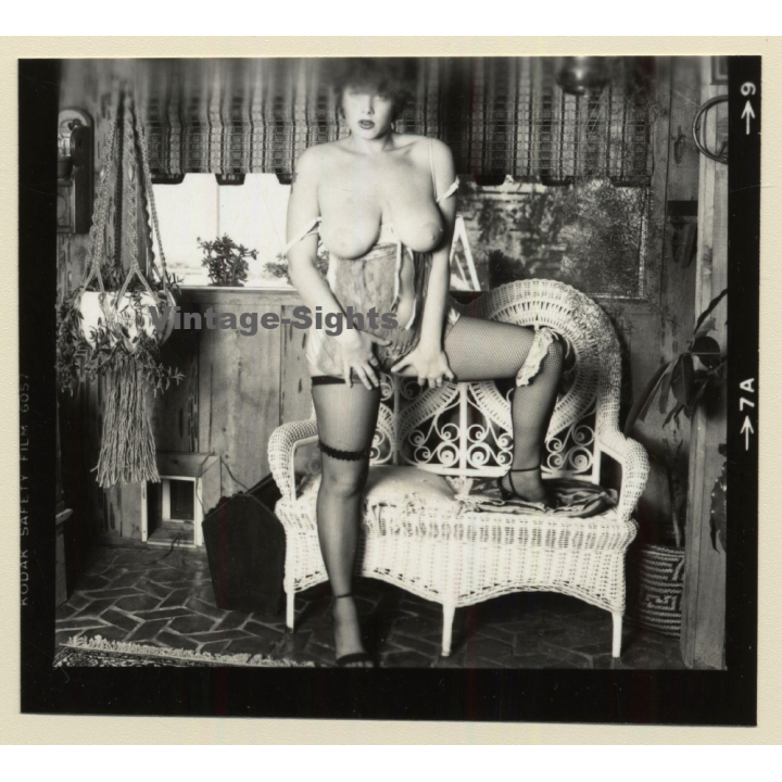 Erotic Study: Racy Busty Semi Nude Pin-up In Garden House*36 / Garter (Vintage Contact Sheet Photo 1970s/1980s)