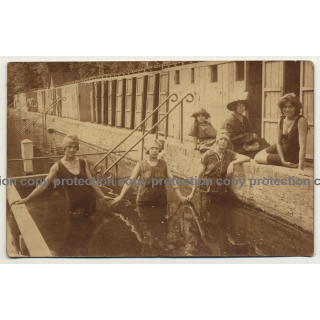 Bunch Of Stylish Women Undergo A Kneipp Cure / Swim Fashion (Vintage RPPC ~1920s)