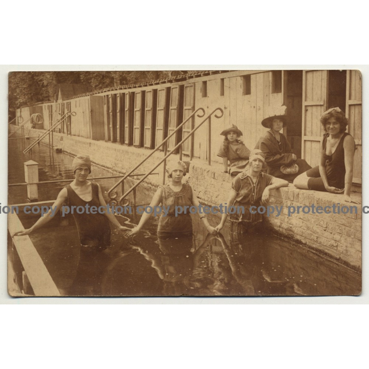 Bunch Of Stylish Women Undergo A Kneipp Cure / Swim Fashion (Vintage RPPC ~1920s)