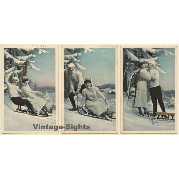 Couple In Love With Sleigh / Wintersports (Set Of 3 Vintage PC 1909)