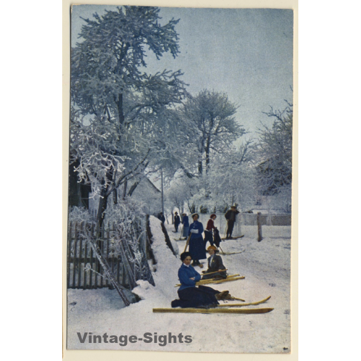 Snow Landscape With Female Skiers / Wintersports (Vintage Artist PC ~1910s/1920s)