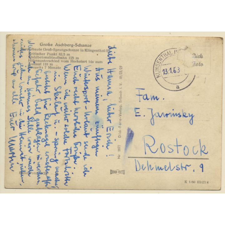 Klingenthal: Aschberg Skisprungschanze / Sporthotel (Vintage RPPC 1963)