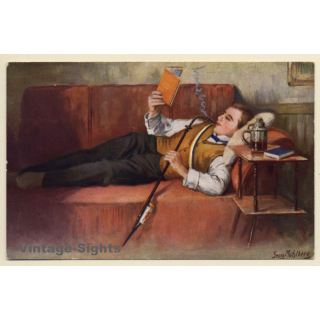 G.Mühlberg: Student Reading / Pipe - Beer Mug (Vintage PC ~1910s)