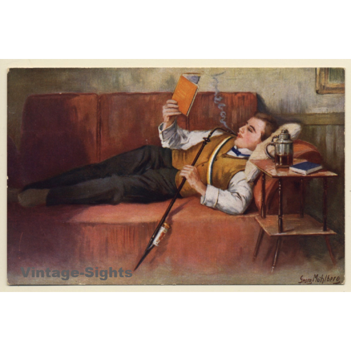 G.Mühlberg: Student Reading / Pipe - Beer Mug (Vintage PC ~1910s)