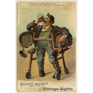 Drunken Bavarian with Stein & Beer Barrels (Vintage PC ~1910s)