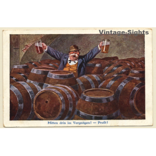 Drunken Bavarian in Cellar with Beer Barrels (Vintage PC 1911)