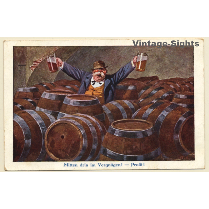 Drunken Bavarian in Cellar with Beer Barrels (Vintage PC 1911)