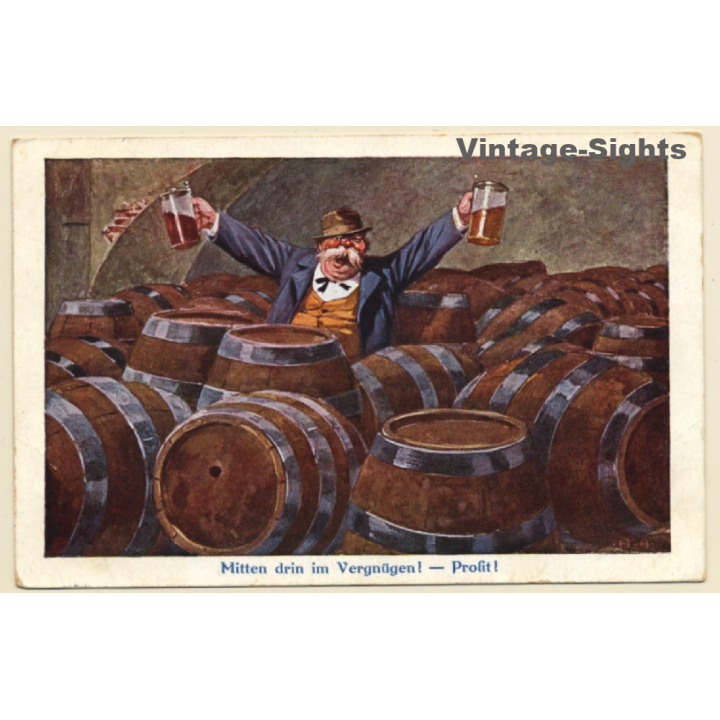 Drunken Bavarian in Cellar with Beer Barrels (Vintage PC 1911)
