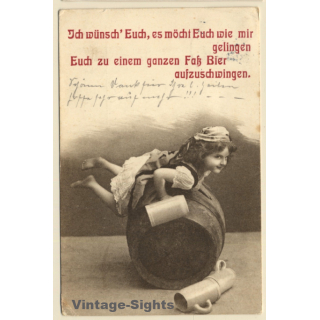 Little Bavarian Girl with Stein on Beer Barrel / Poetry (Vintage PC 1908)