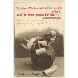Little Bavarian Girl with Stein on Beer Barrel / Poetry (Vintage PC 1908)