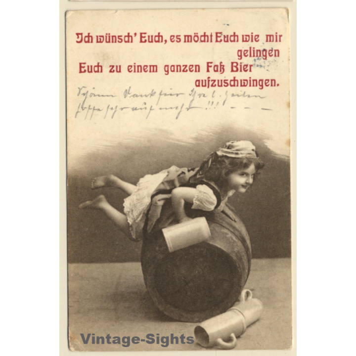 Little Bavarian Girl with Stein on Beer Barrel / Poetry (Vintage PC 1908)