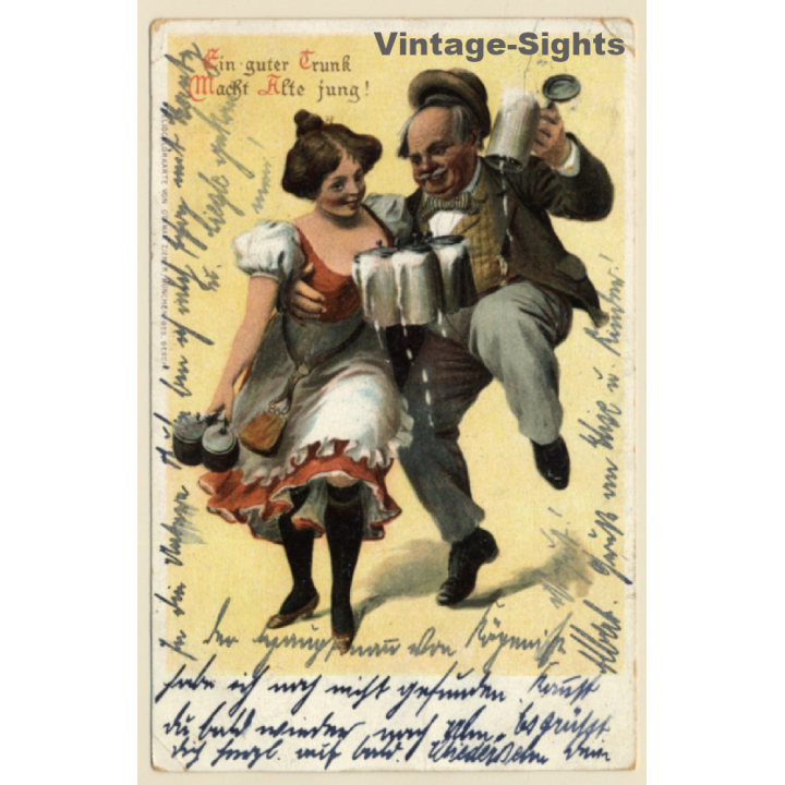 Bavarian Couple Dancing / Beer Mugs - Stein (Vintage PC 1906)