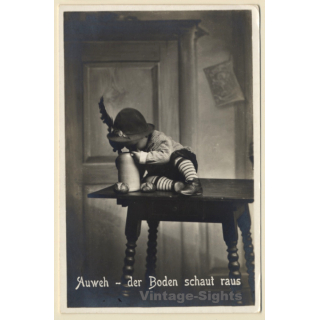 Bavarian Baby Boy Checks Stein For Beer (Vintage RPPC 1933)