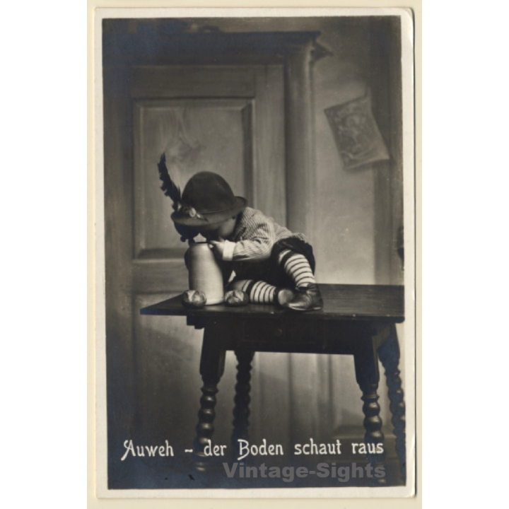 Bavarian Baby Boy Checks Stein For Beer (Vintage RPPC 1933)