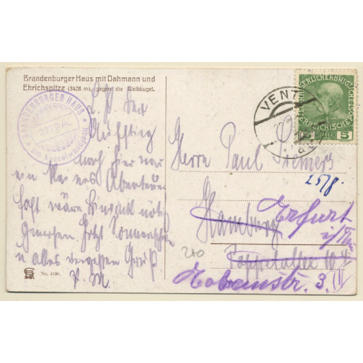 Oetz / Tirol: Brandenburger Haus mit Dahmann - Erichspitze (Vintage PC ~1910s)