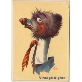 Salac: Funny Comic Style Bear *2 / Long Neck - Tie (Vintage PC ~1940s)