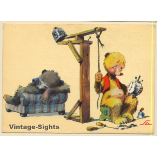 Salac: Funny Comic Style Bear *4 / Alarm Gallows (Vintage PC ~1940s)
