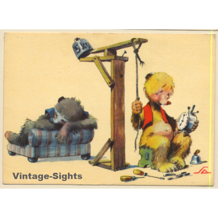 Salac: Funny Comic Style Bear *4 / Alarm Gallows (Vintage PC ~1940s)