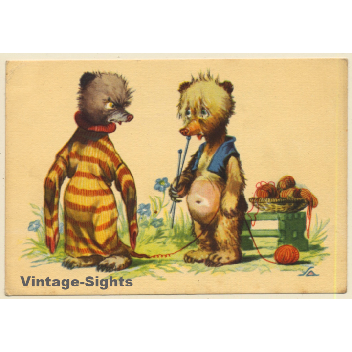 Salac: Funny Comic Style Bear *5 / Knitting Problem (Vintage PC ~1940s)