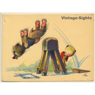 Salac: Funny Comic Style Bear *6 / Springboard Jump (Vintage PC ~1940s)