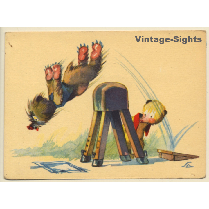 Salac: Funny Comic Style Bear *6 / Springboard Jump (Vintage PC ~1940s)