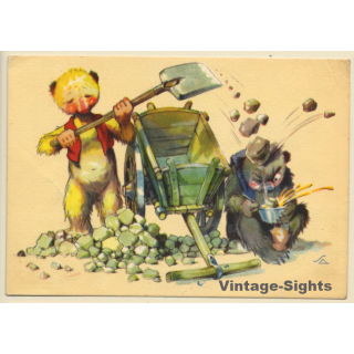 Salac: Funny Comic Style Bear *7 / Shovel Stones Accident (Vintage PC ~1940s)