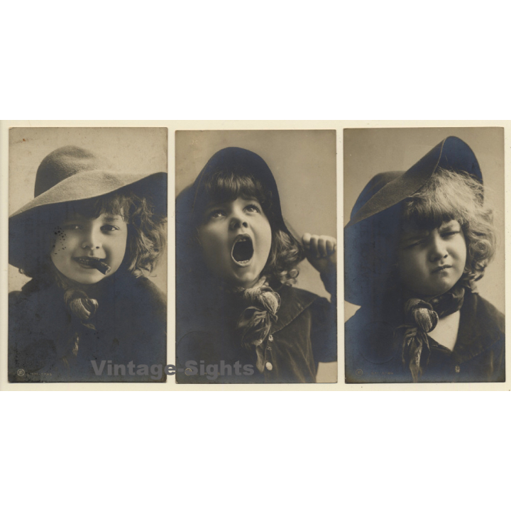 Sweet Little Baby Girl W. Hat  / Smoking - Sulky - Astonished (Set Of 3 Vintage RPPC 1907)