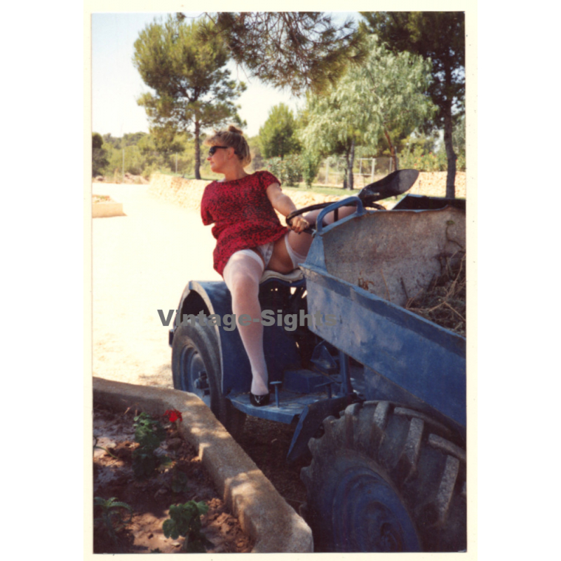 Erotic Study: Dressed Female On Tractor Flashing Panties / Risqué (Vintage Photo ~1990s)