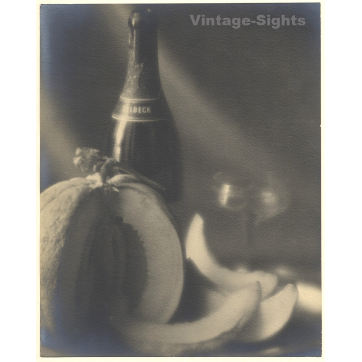 Still Life: DELBECK Champagne, Pumpkin & Bananas (Large Vintage Photo ~1910s/1920s)