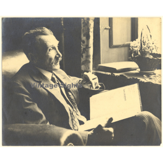 Smoking Elder Man With Moustache Reading A Book (Large Vintage Photo ~1910s/1920s)