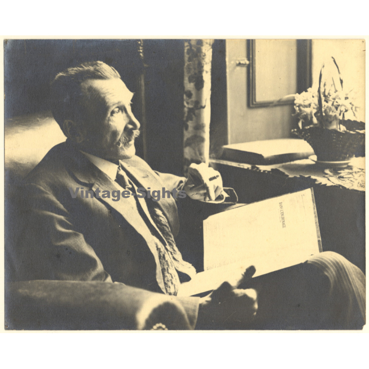Smoking Elder Man With Moustache Reading A Book (Large Vintage Photo ~1910s/1920s)