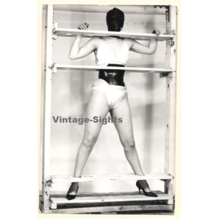 Slim Maid In Wasp Waist Corset In Pillory / Full Face Mask - BDSM (Vintage Photo ~1950s/1960s)