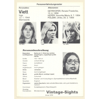 RAF Terroristin Inge Viett (Vintage BKA Fahndungskarte 1979)