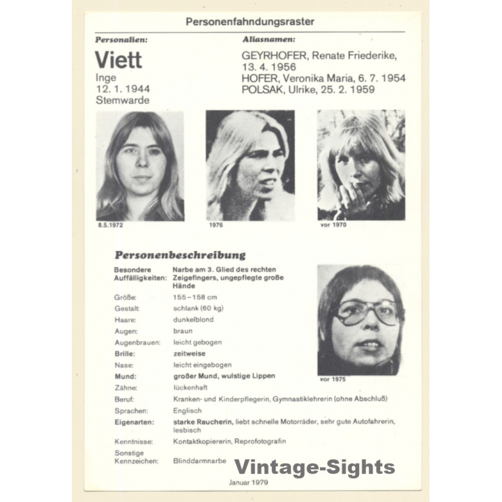 RAF Terroristin Inge Viett (Vintage BKA Fahndungskarte 1979)