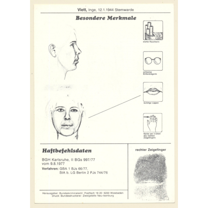 RAF Terroristin Inge Viett (Vintage BKA Fahndungskarte 1979)