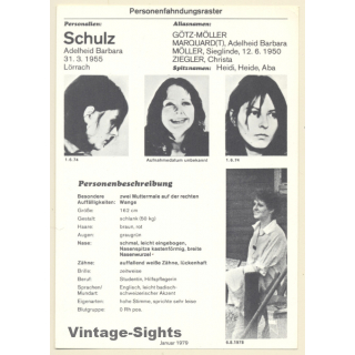 RAF Terroristin Adelheid Barbara Schulz (Vintage BKA Fahndungskarte 1979)