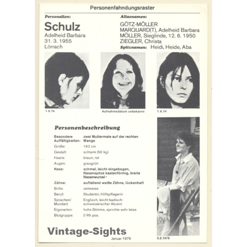 RAF Terroristin Adelheid Barbara Schulz (Vintage BKA Fahndungskarte 1979)