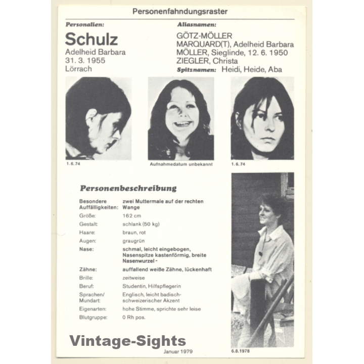 RAF Terroristin Adelheid Barbara Schulz (Vintage BKA Fahndungskarte 1979)