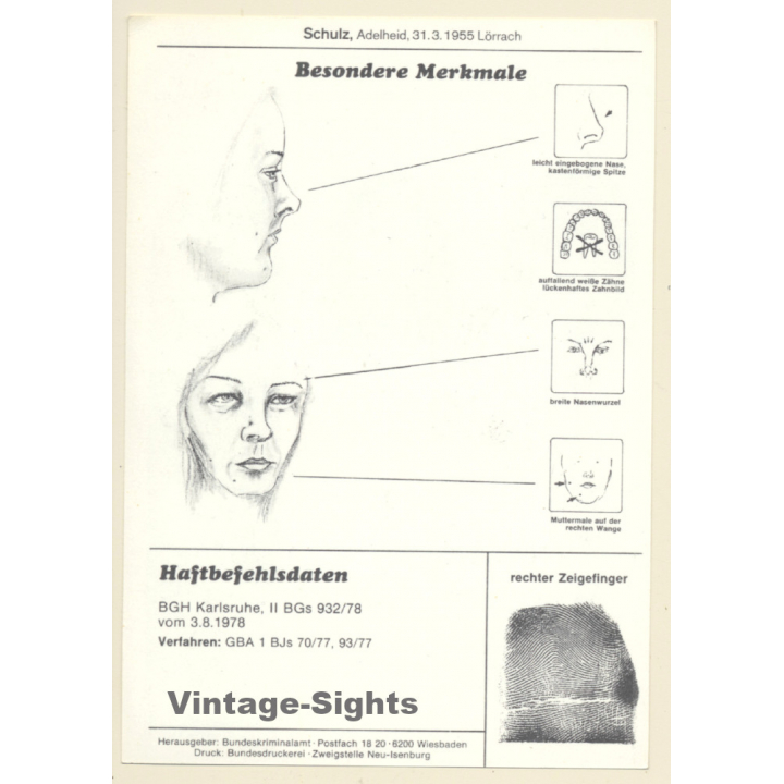 RAF Terroristin Adelheid Barbara Schulz (Vintage BKA Fahndungskarte 1979)