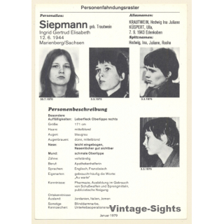 RAF Terroristin Ingrid Gertrud Elisabeth Siepmann (Vintage BKA Fahndungskarte 1979)